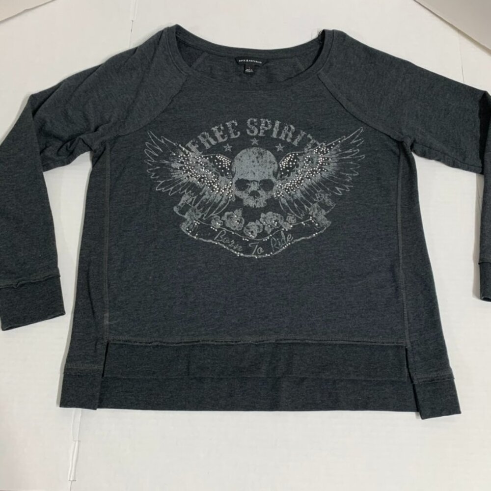 Gray Mens Large Graphic T Shirt Skull Free Spirit Born to Ride Motorcycle